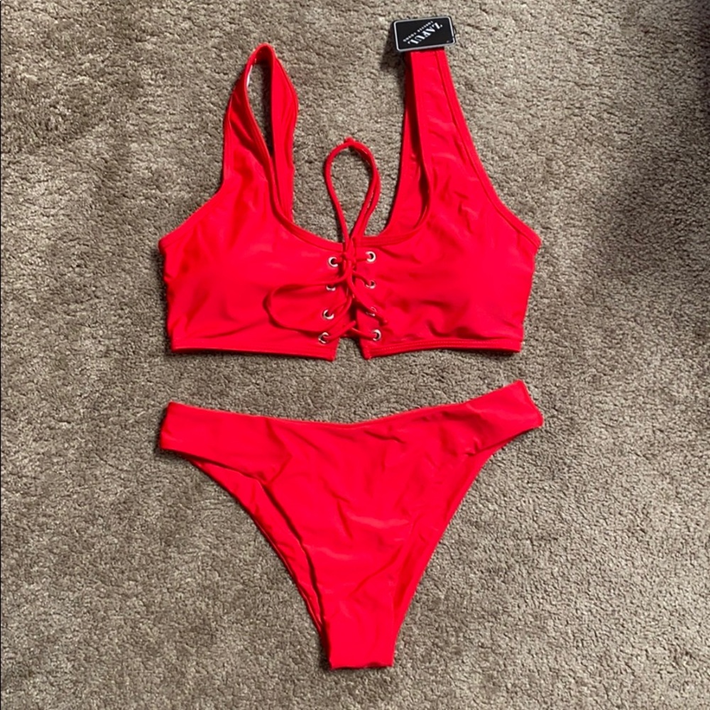 Red two piece swimsuit
